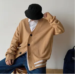 Мужской кардиган с v-образным вырезом, свободный свитер в Корейском стиле, куртка цвета хакизеленый, M-2XL, Осень-зима 2019
