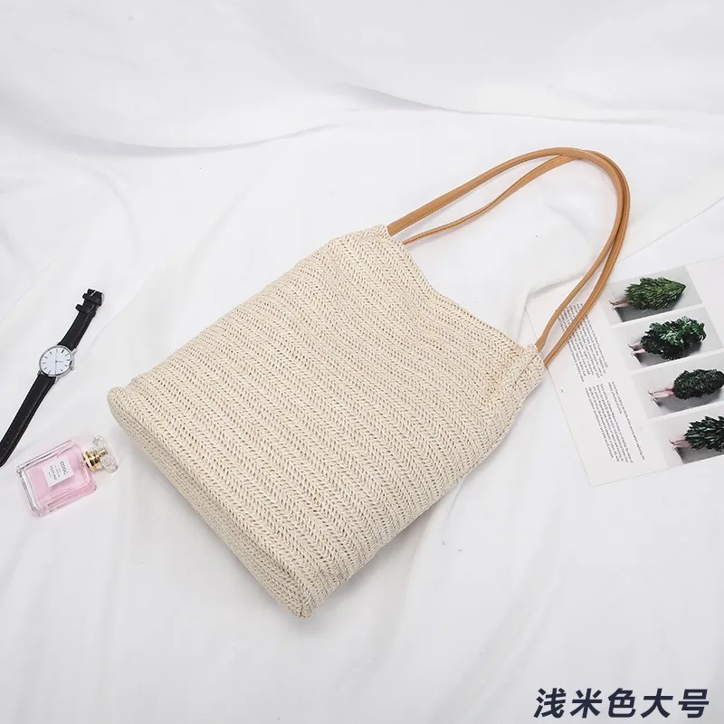 

Summer Women Durable Weave Straw Beach Bags Linen Woven Bucket Bag Grass Casual Tote Handbags Knitting Rattan Bags