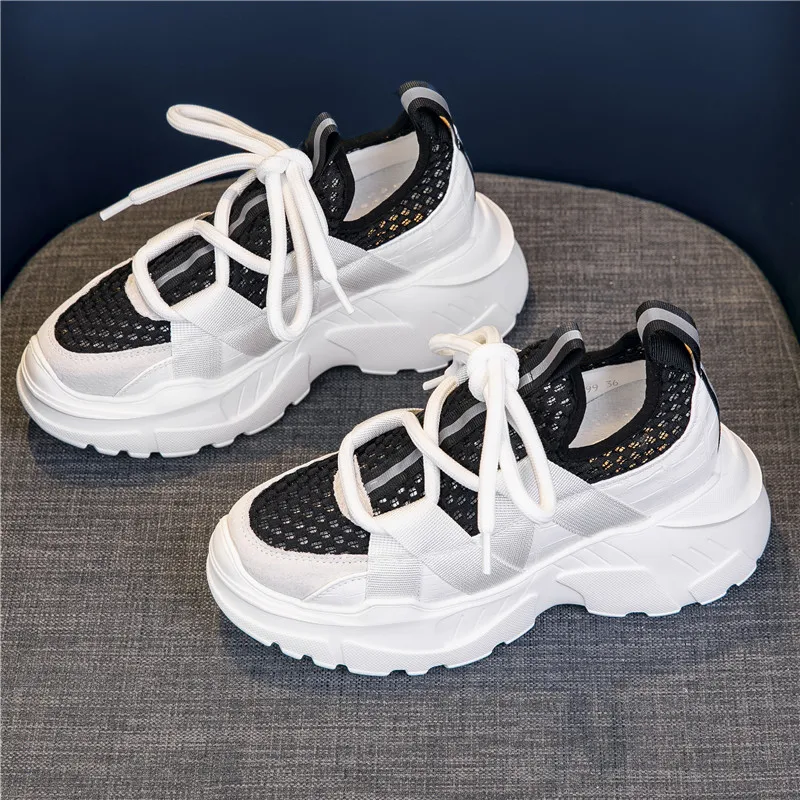 

Genuine Leather Ladies Mesh Breathable Chunky Sneakers 2021 Summer New Ladies Platform Shoes Ladies Sneakers Women Shoes