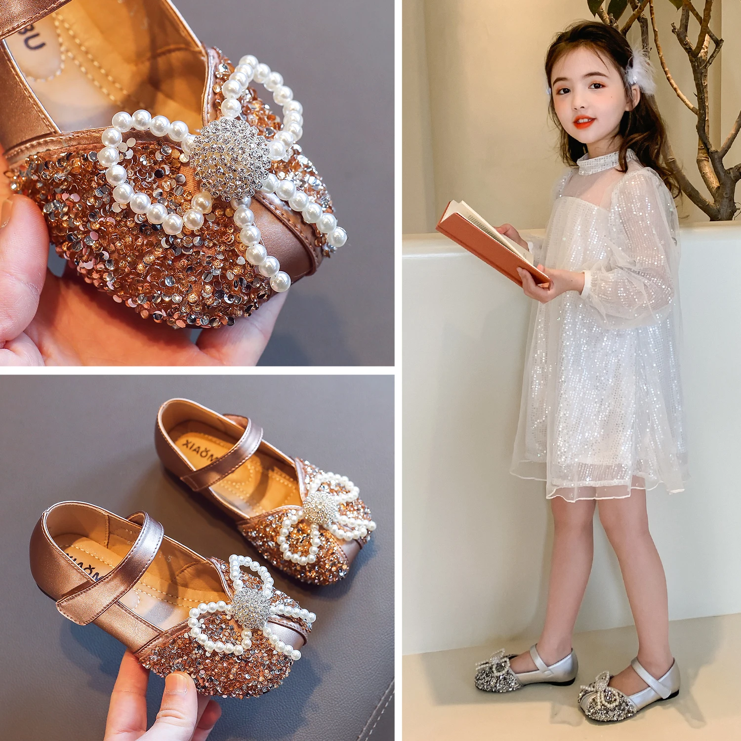 

New Children Leather Shoes Rhinestone Bow Princess Girls Party Dance Shoes Baby Student Flats Kids Performance Shoes Sandals