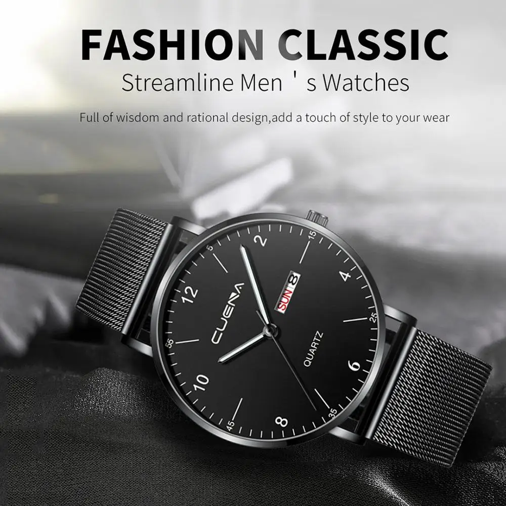 CUENA Fashion Simple Watch Men'S Stainless Steel Magnetic Net With Calendar Casual Quartz Wrist Clock | Наручные часы