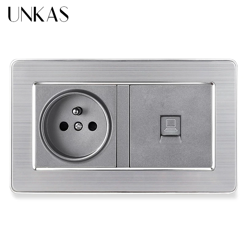 UNKAS серая панель из нержавеющей стали 16 А французская стандартная розетка + серый