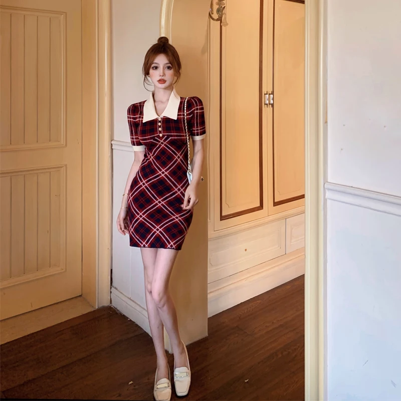 

Summer Vintage Elegant Plaid Shirt Dress Knitted Short Sleeve Women Button Slim Party Office Lady Vestido