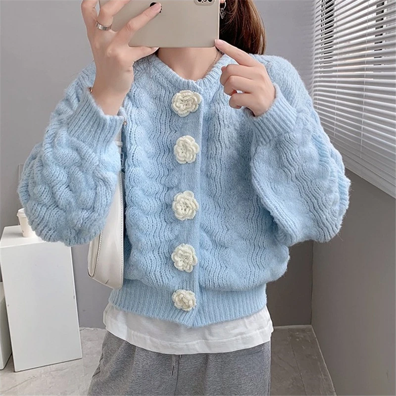 

Nomikuma Sweater Women Autumn Clothes 2021 New 3D Flower Single Breasted Sweet Long Sleeve Knitwear Korean Style Loose Cardigan