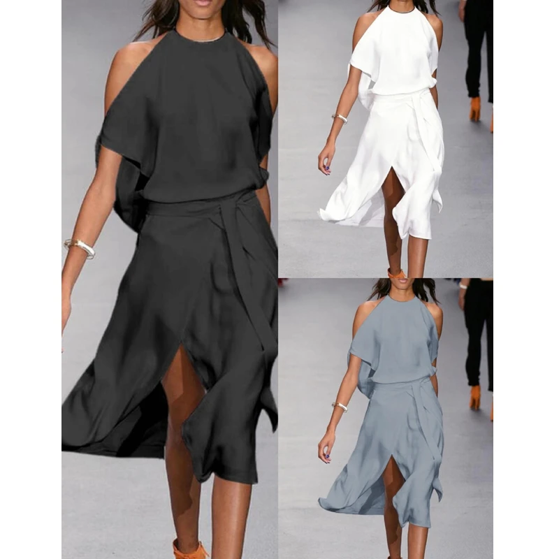 

Сексуальное платье для женщин Летняя мода с лямкой на шее платье без рукавов с разрезом сплошной Цвет размера плюс макси платья для женщин в...