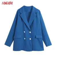tangada women 2021 fashion blue double breasted blazer coat vintage long sleeve pockets female office wear outerwear be903