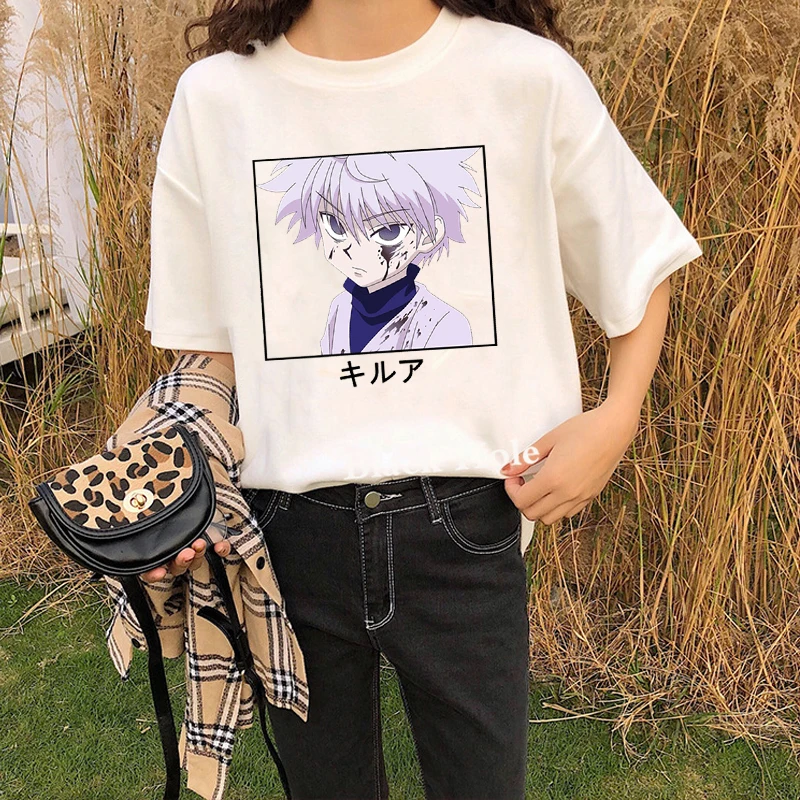 

Футболка Hunter X Hunter Killua женская с круглым вырезом, повседневный топ в японском стиле аниме, свободная рубашка в готическом стиле, с забавным м...