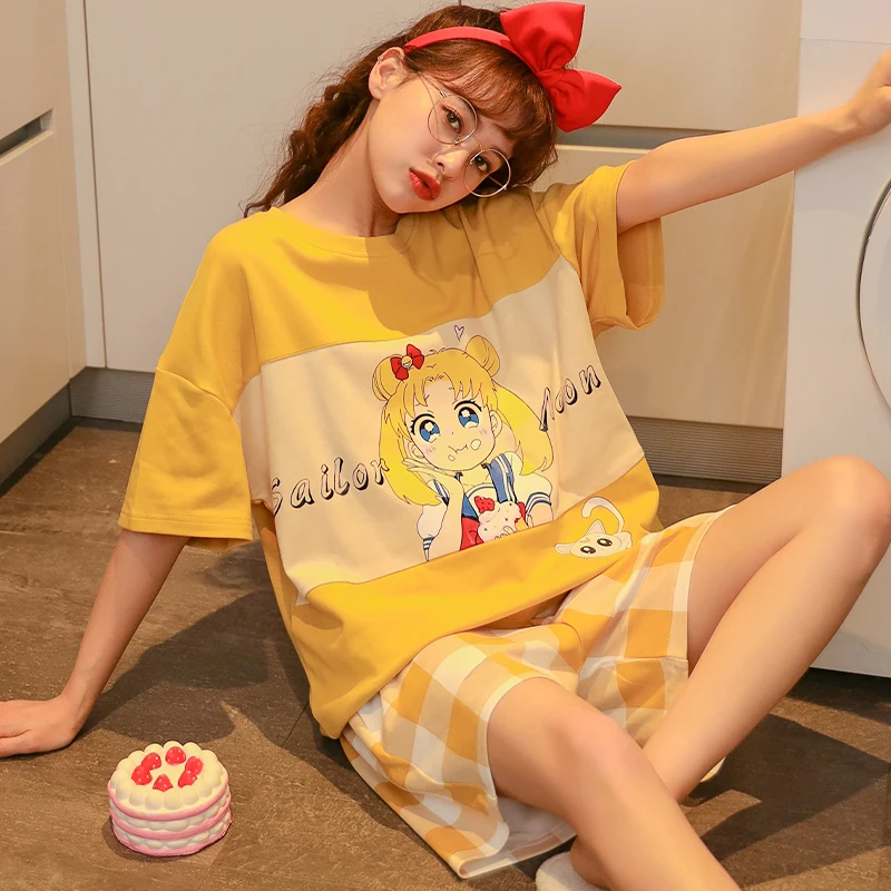 

Women Homewear Cute Cartoon Printed Anime Sailor moon Pajamas 2021 Summer Short Sleeve Top Nightwear Casual Women Pyjama Set