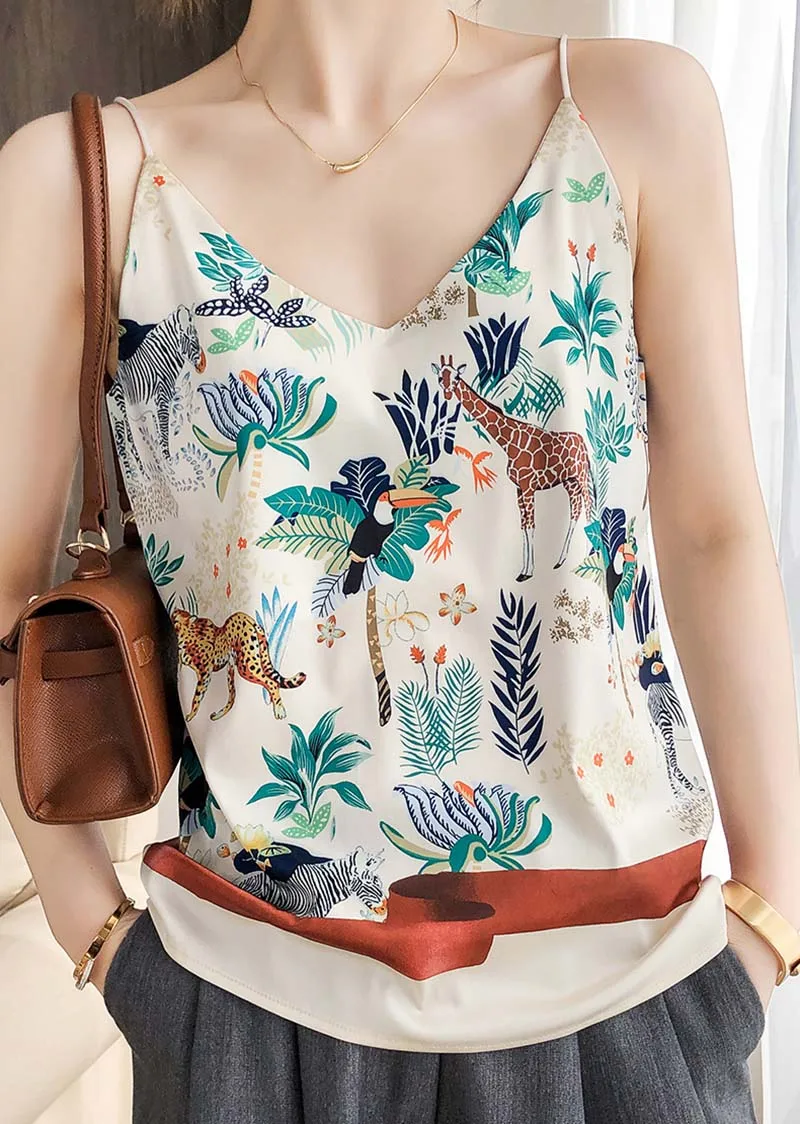 

2021 National Style Spring Summer Women Sexy Spaghetti Strap Tank Top Elegant Vintage Print Camis Femme Chiffon V Neck Tops
