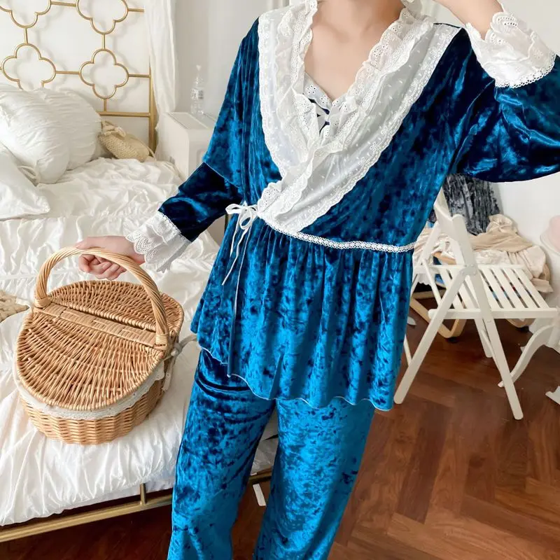 

2020 Velvet Three-piece Lady Cardigan Long-sleeved Autumn and Winter Gold Velvet Pajamas Set Korean Velvet Thickening Homewear