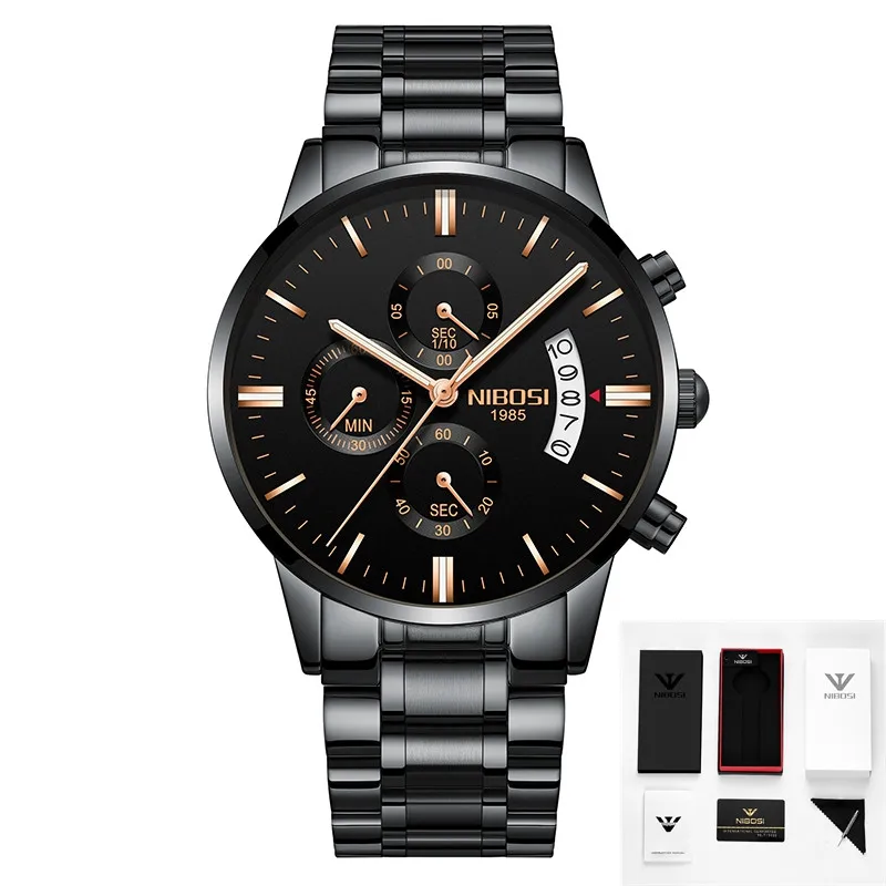 6 with box NIBOSI часы Relogio Masculino люксовый бренд Мужские Хронограф деловые Часы мужские стальные кожаные водонепроницаемые кварцевые наручные часы - Цвет: 6 with box