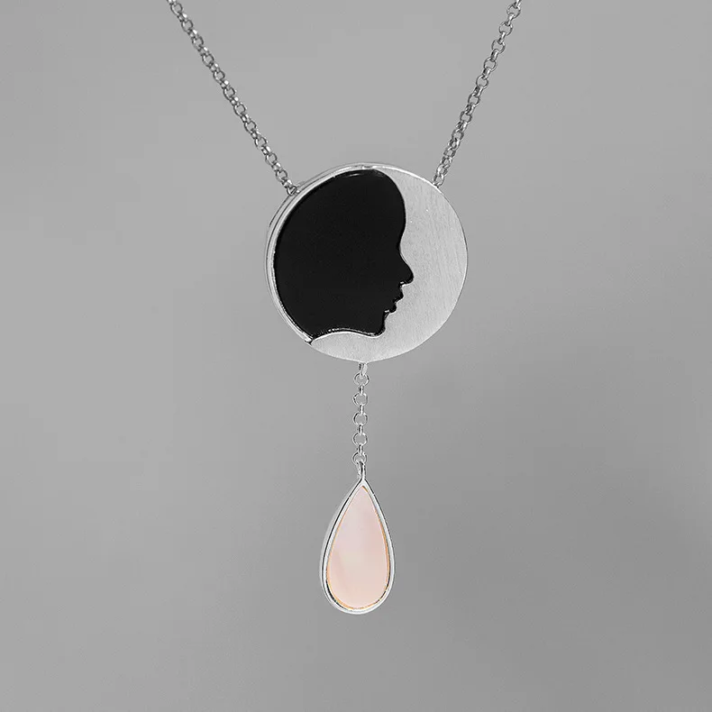 Silver INATURE Good Night 925 Sterling Silver Fashion Abstract Moon Face Pendant Necklace for Women Jewelry Bijoux - Окраска металла: Silver