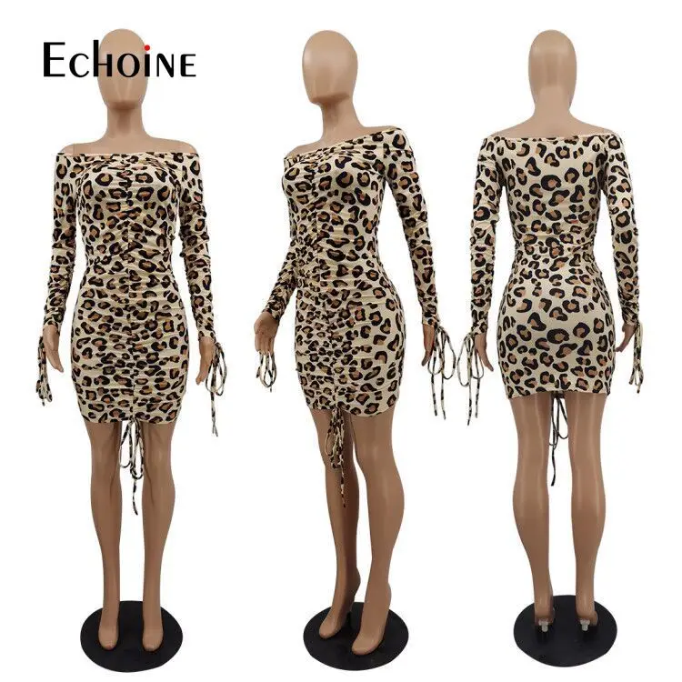 

Echoine Women Spring Autumn Leopard Print Bandage Sexy Mini Dress Off Shoulder Ruched Drawstring Backless Party Dresses Vestidos