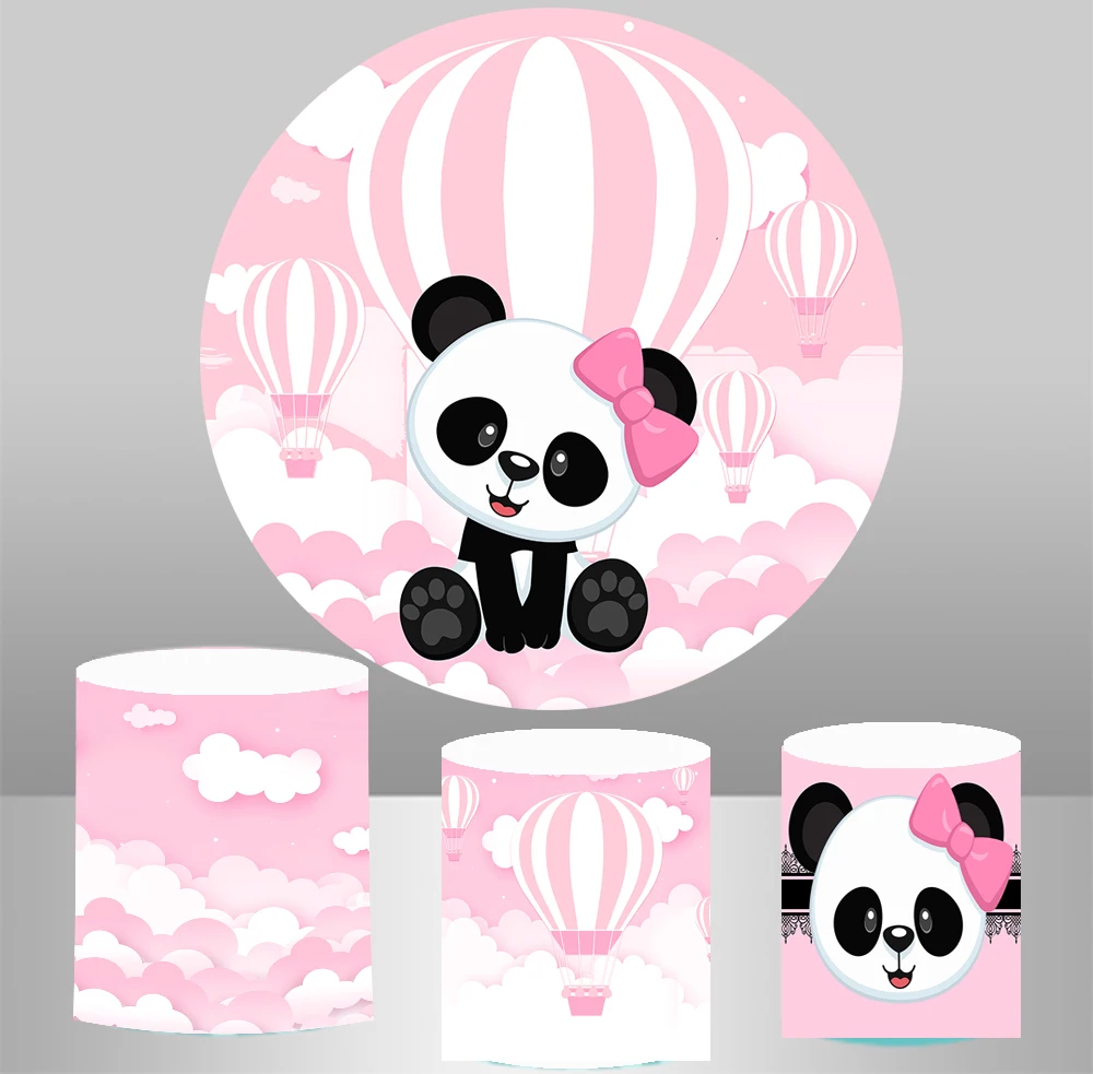 

Pink Panda Baby Shower Photo Background Party Animals Decorations Round Circle Photography Backdrops cylinder column covers 811
