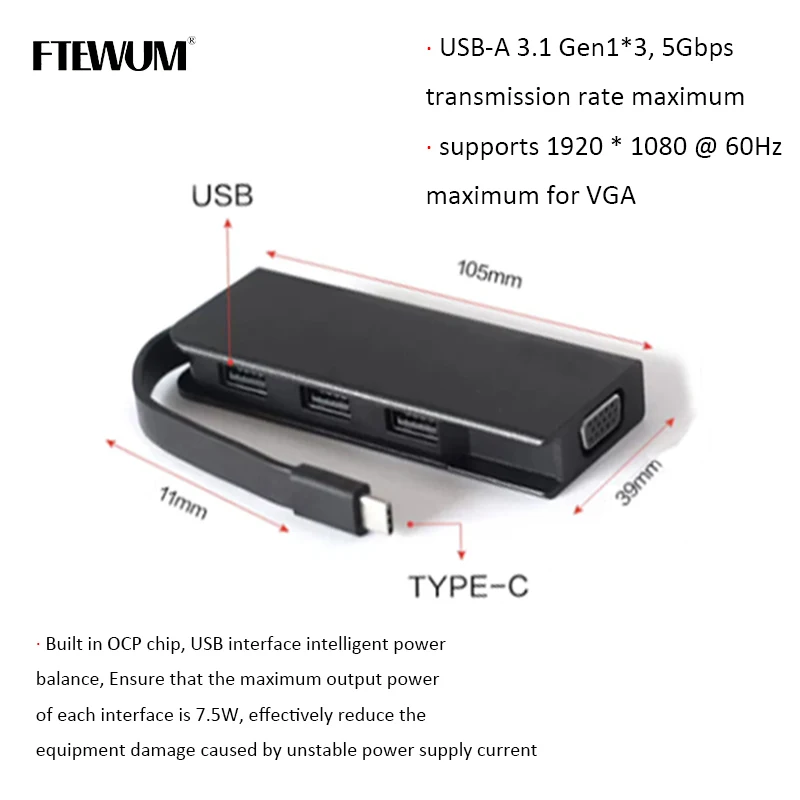USB C 4 в 1 концентратор Тип к VGA адаптер док станция 3 для Lenovo ThinkPad T14 X13 X390 MacBook Pro
