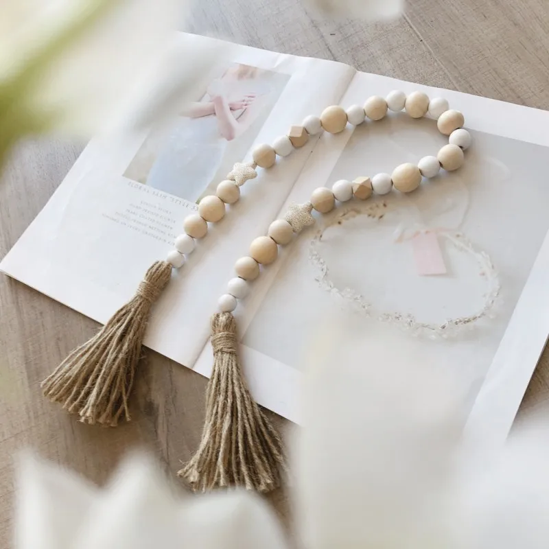 

Wood Bead Garland with Star Volcanic Rock Tassel Pendant Farmhouse Rustic Wall Hanging Decor Exquisite Boho Home Decoration