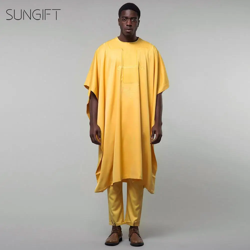 SUNGIFT Мужской Топ Agbada с коротким рукавом и брюки в африканском стиле желтая