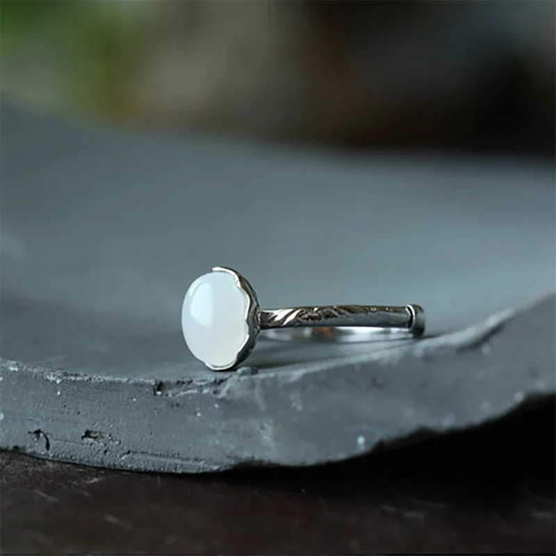 sNew silver inlaid natural chalcedony Chinese style retro palace small charm craft women's opening adjustable ring | Украшения и