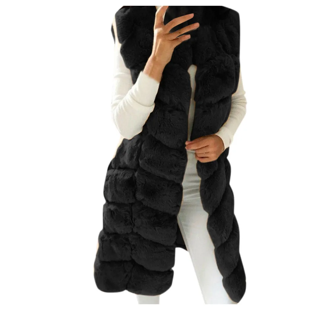

Womens Luxury Fur Vest Ladies Elegant Faux Fur Long Winter Jackets Coat Black Sleeveless Waistcoat Body Warmer Outwear