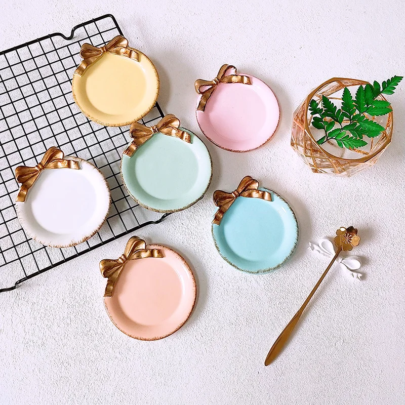 

11.3x10.3cm mini golden bow resin storage tray dish ornaments snack dishes for sundries plate jewelry storage case gift