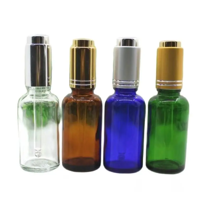 

30ml 50pcs transparent/blue/green/brown glass bottle with silver pump dropper essential oil serum liquid skin care cosmetic pack