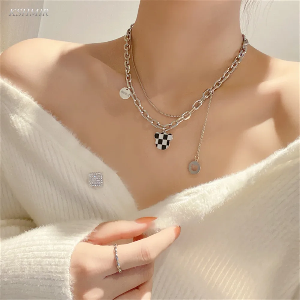 

South Korea INS lattice double layer titanium steel necklace female cool wind simple fashion niche design sense clavicle chain