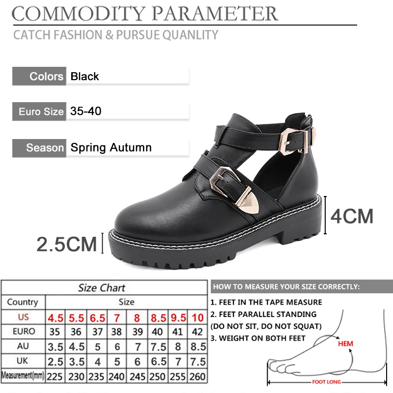 

BYQDY Spring Autumn Women Ankle Boots Chunky Heels Woman Leather Shoes Buckle Strap Ladies Round Toe Female Punk Rome Footwear