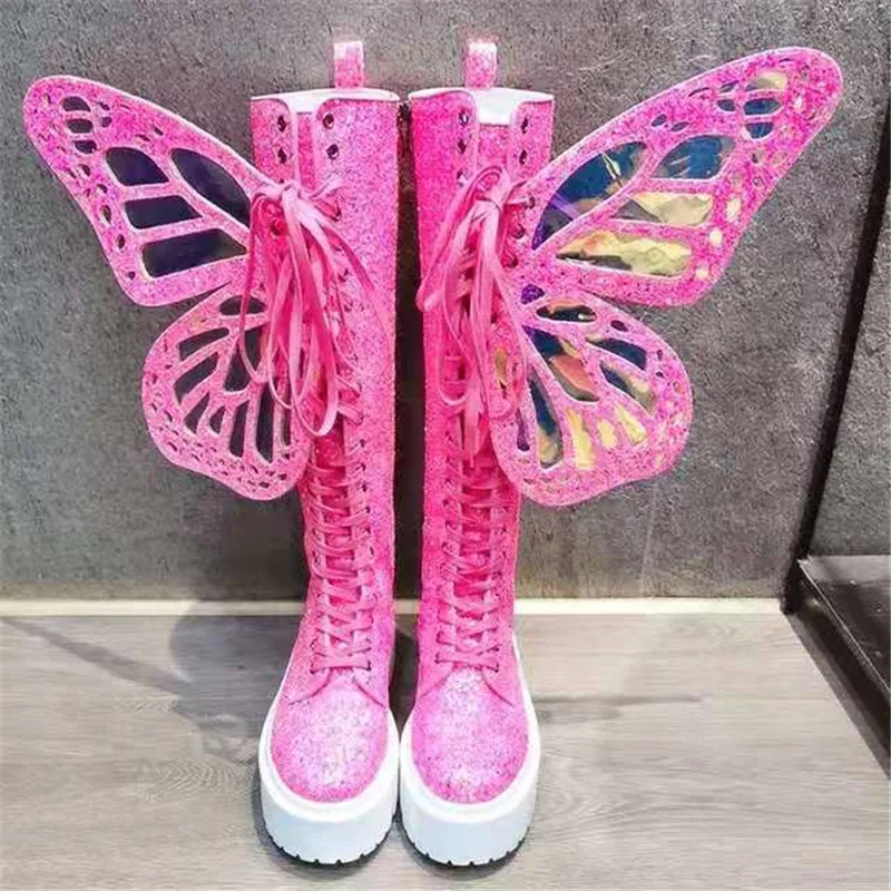 

Pink Butterfly Wings Design Women Knee High Boots Thick Sole Motorcycle Boots Lace-up Platform Long Boots Paillette Autumn Shoes