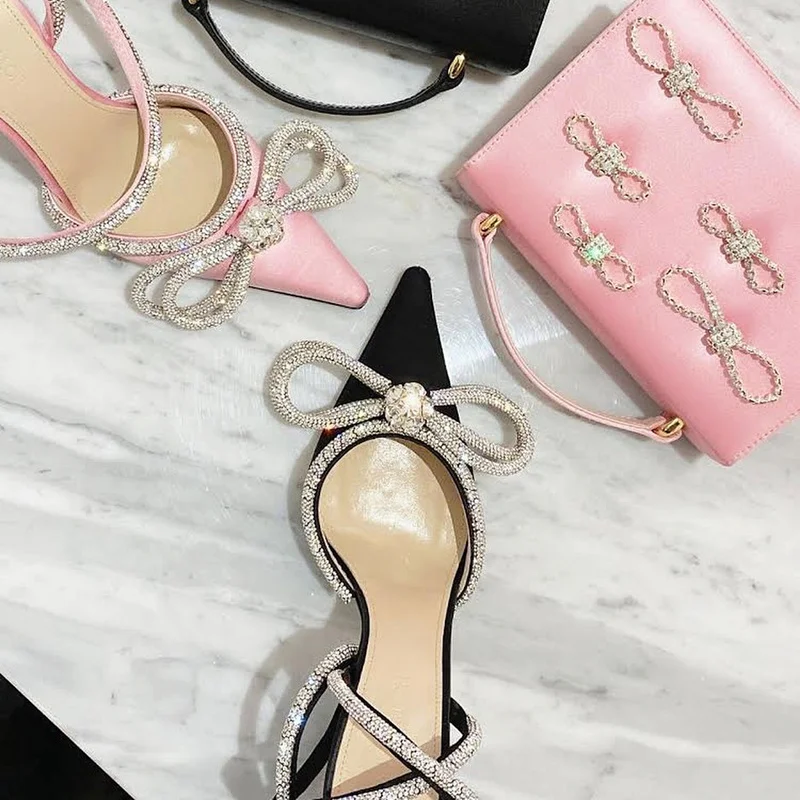 Женские босоножки с бантом и кристаллами шелковые туфли на высоком каблуке