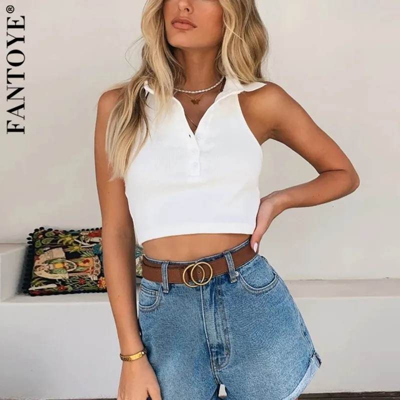 Женский укороченный топ без рукавов FANTOYE повседневный Вязаный на пуговицах с V