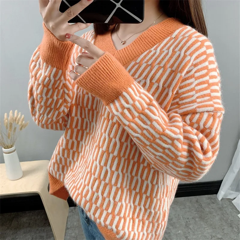 

Saythen 2020 New Autumn winter lazy style V-neck sweater for women turtleneck loose versatile knit fashion show slim pullover