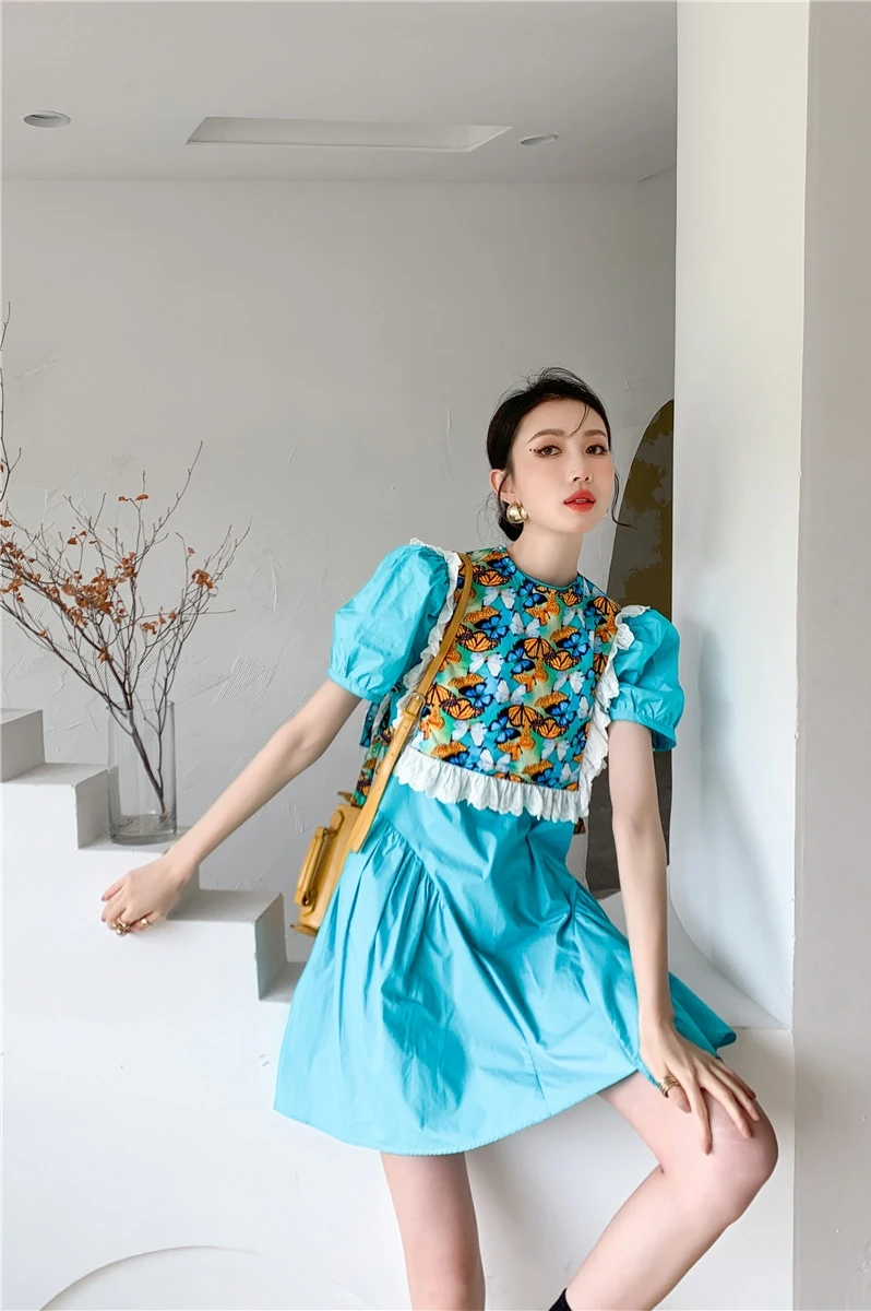 

Women Blue Mini Dress Round Neck Short Puff Sleeve Loose Fit Female Fashion Tide Summer 2021 New Arrivals E076