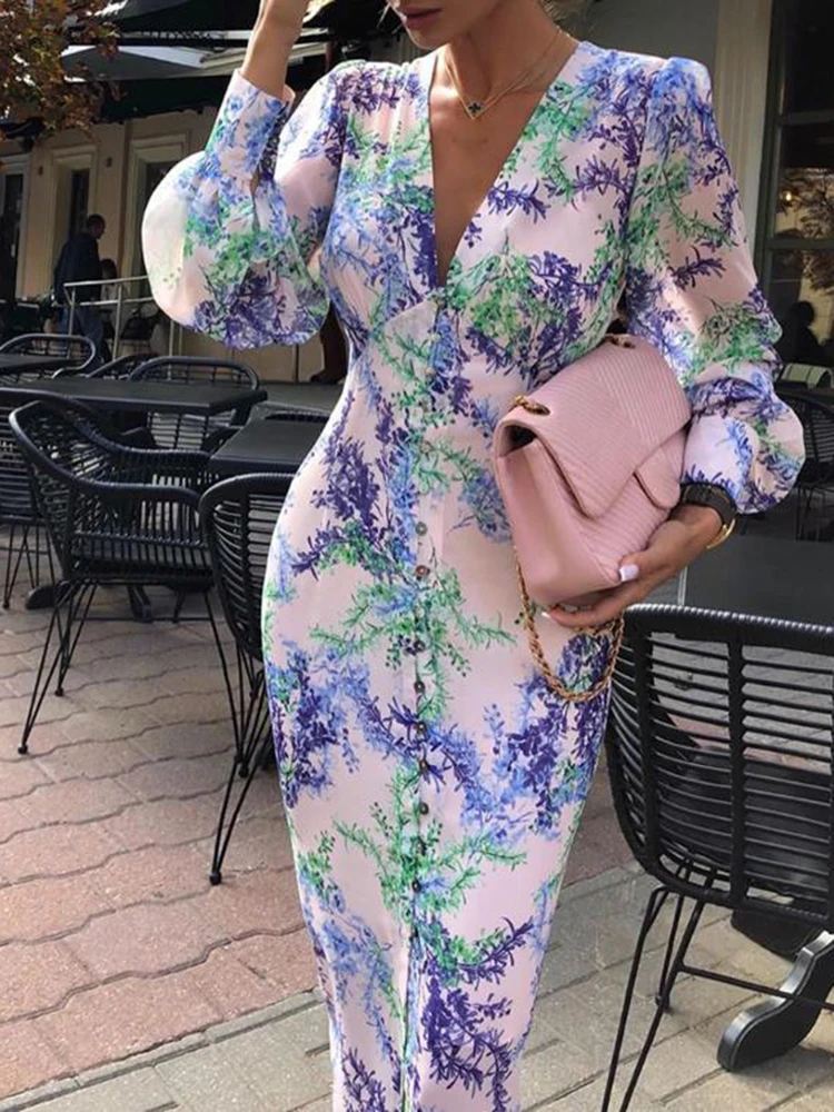 Женское с буфами рукавом v образным вырезом длинным платье однобортное