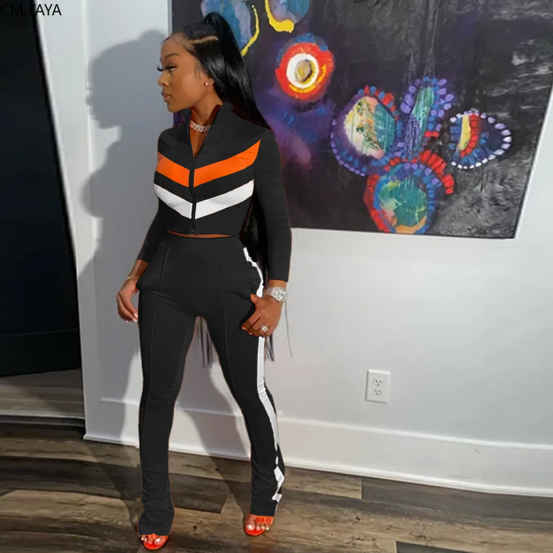 CM.YAYA Active Wear Patchwork Women's Set Zipper Up Sweatshirts Flare Jogger Pants Suit Sport Tracksuit Two Piece Outfits |