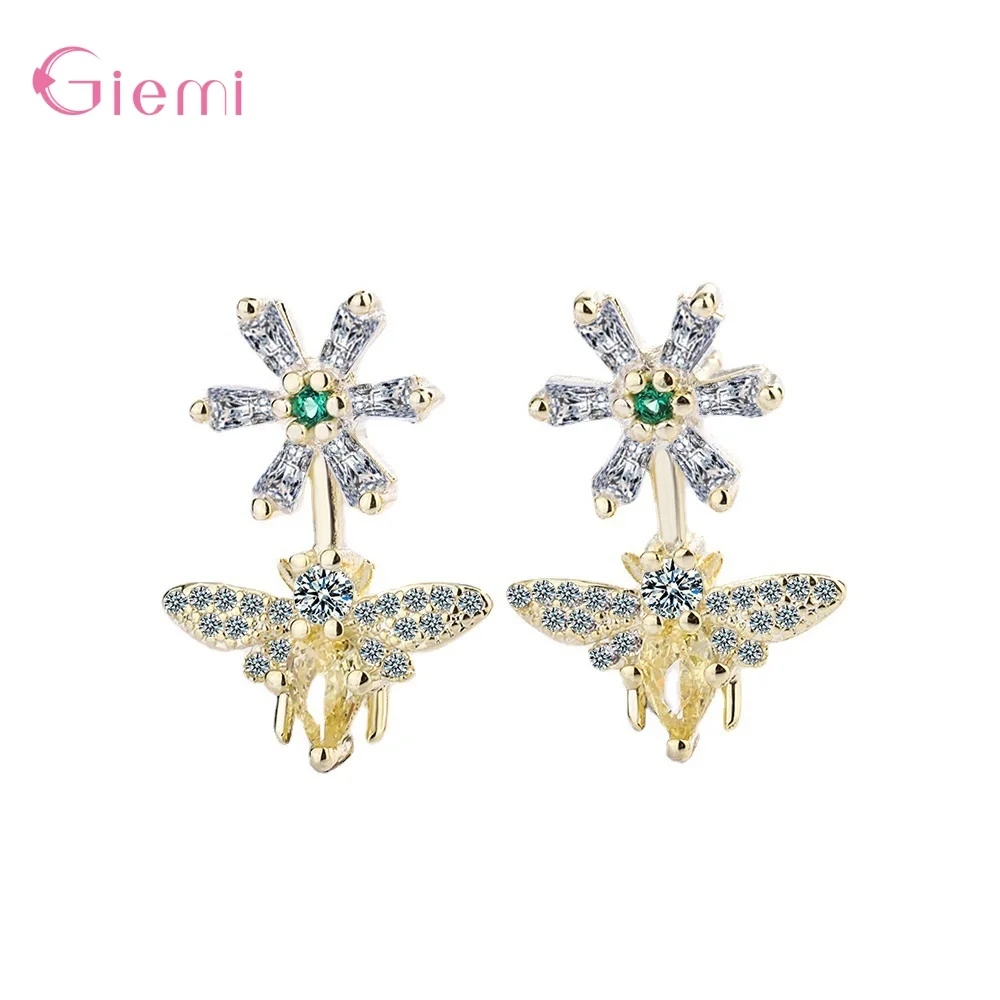 

Real 100% 925 Silver Bees Shape Green Zircon Fashion Stud Earrings For Women Charm Tiny Silver Jewelry