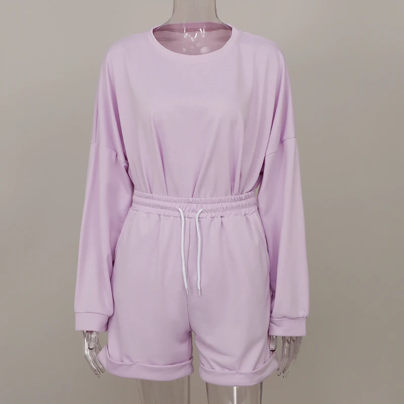 

Solid Sports Two Piece Suit Women Sweatshirts and Shorts Long Sleeve 2 Pieces Set 2020 Autumn Casual Streetwear Homewear Female