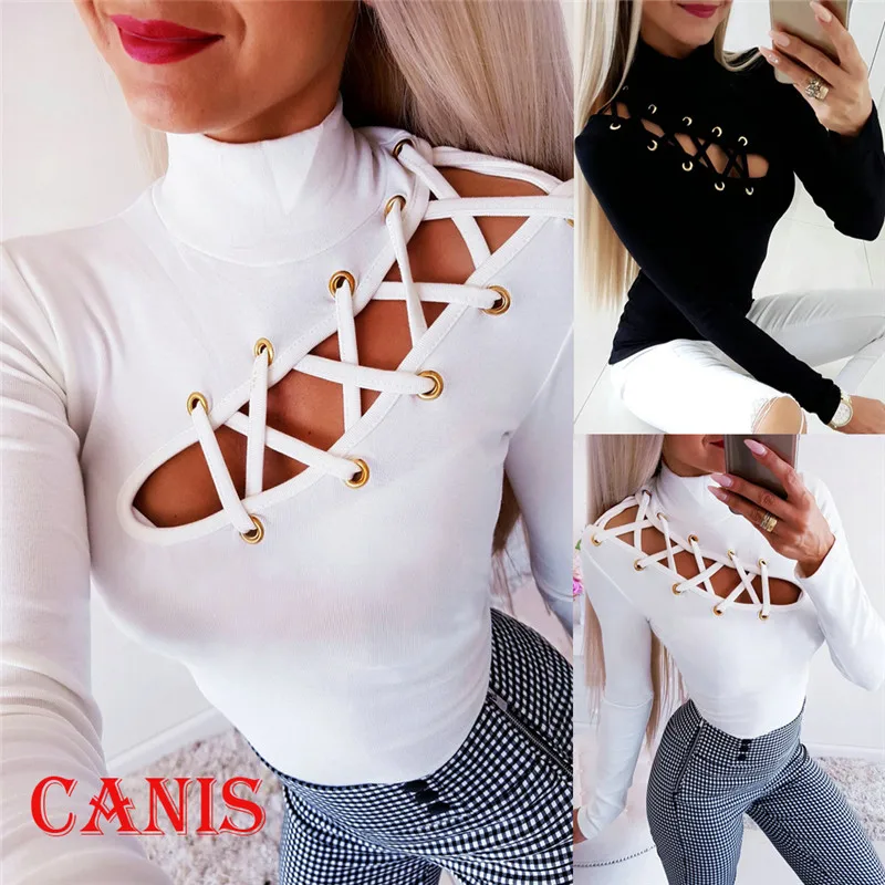 

Sexy Slim Women Long Sleeve Turtleneck Hollow Out Solid Tops Stretch Fashion Ladies Autumn Casual Evening Party Clubwear T-Shirt