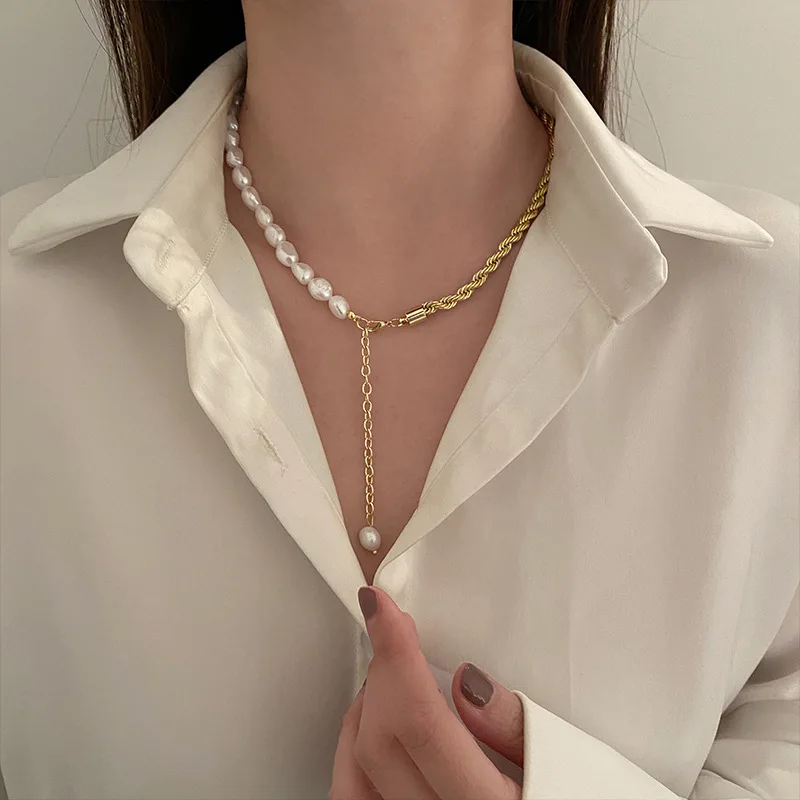 

Trendy Jewelry Elegant Natural Freshwater Pearl Necklace Single One Layer Golden Color Chain Necklace For Women Girl Gifts