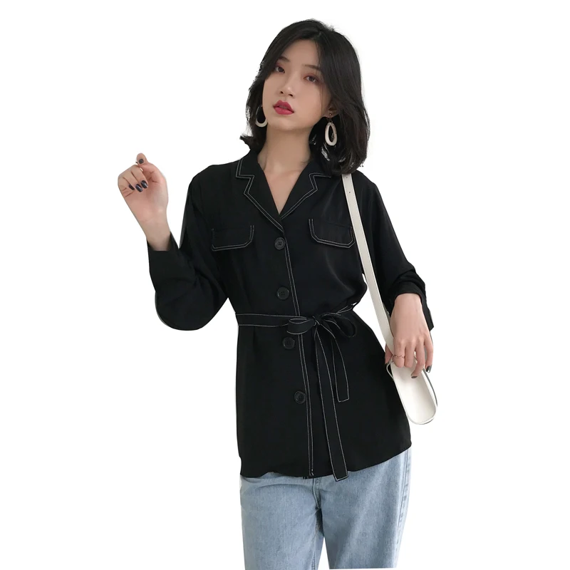 KINOMI осенние женские рубашки с длинным рукавом и поясом повседневные свободные