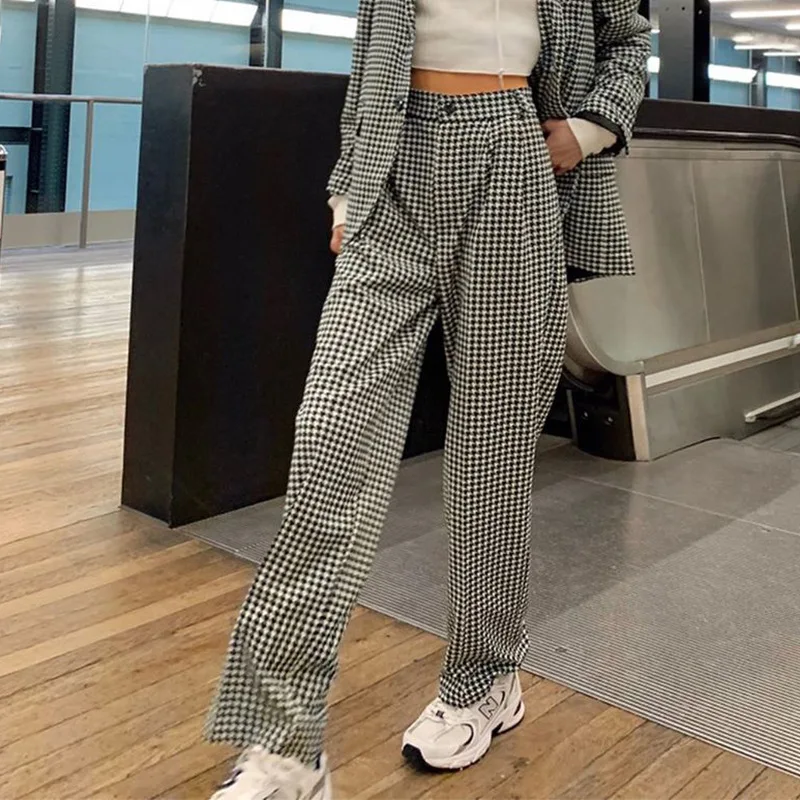 

2020 Summer Women's Plaid Straight Suit Street High Waist Pants Streetwear Plaid Pants Women Checkerboard Full Length Casual