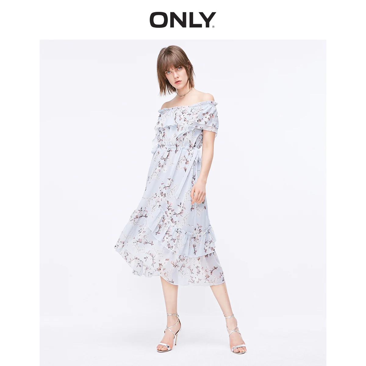 Женское шифоновое платье с высокой талией открытыми плечами и цветочным