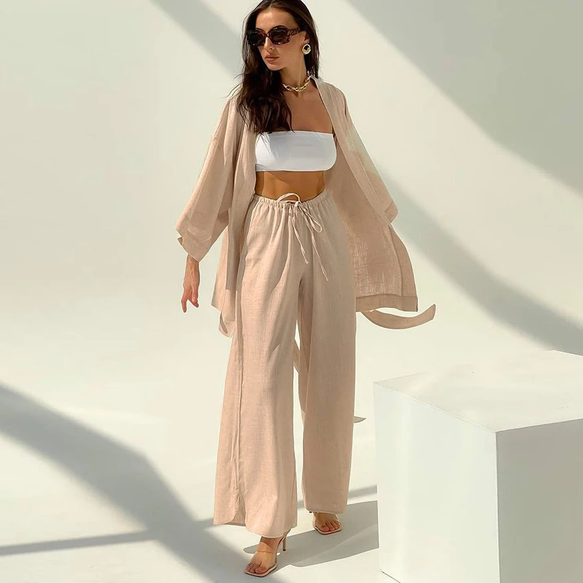 

Restve Solid Women Robes Loose 2 Piece Set Three Quarter Sleeve Tops Sashes Female Sleepwear Sets With Pants Casual Summer 2021