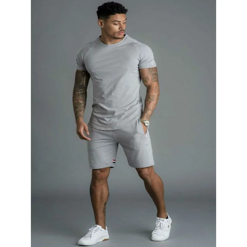 

2021 summer new men's T-shirt + shorts fashion sports casual shirt stand-up collar solid color matching men's suit