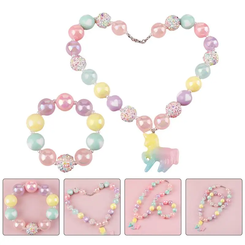 

2pcs/Set Kids Beads Unicorn Jewelries Adorable Lovely Wrist Neck Chain for Girls