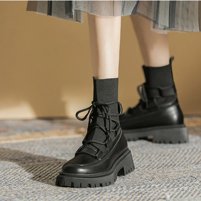 Punk Thick Sole Woman Boots Women's Motorcycle Boot Footwear Lace Up Leather Non Slip Fashion Platform Women New Autumn Spring