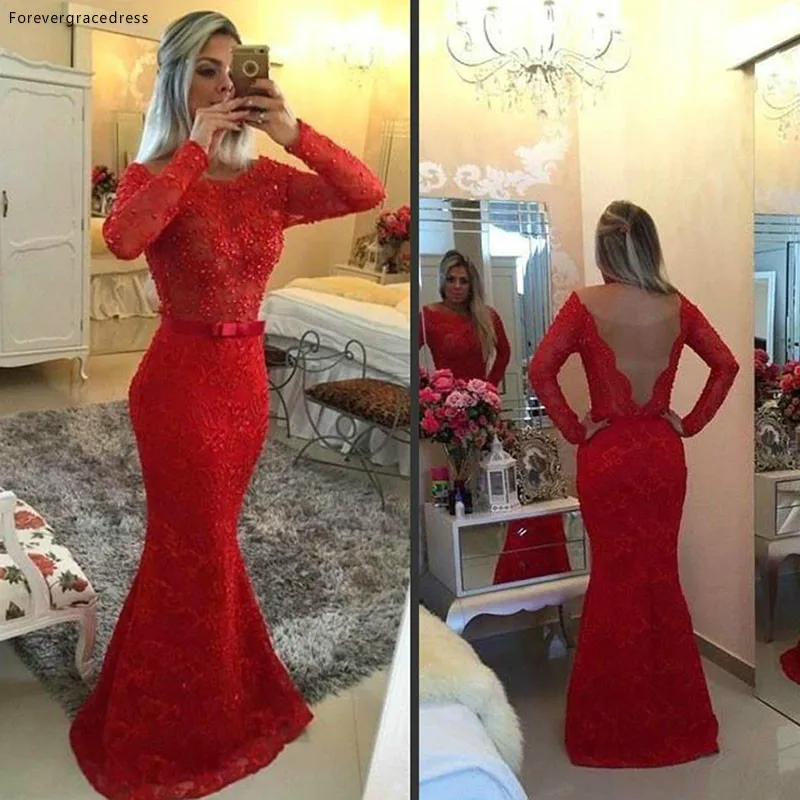 

Красное кружевное вечернее платье русалки вышитые бисером Длинные рукава платье с открытой спиной для вечеринки
