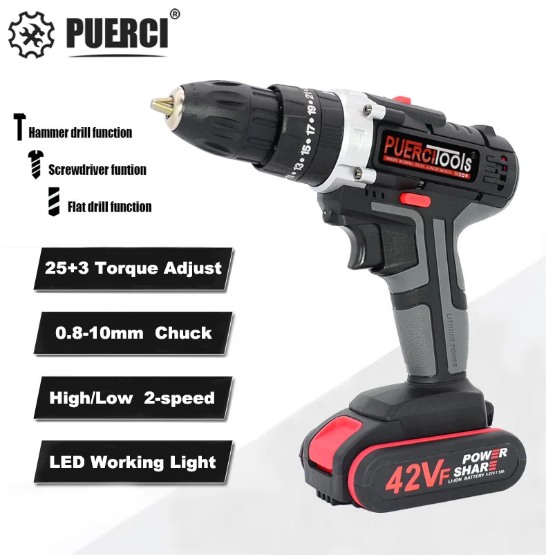 PUERCI 21V электрическая отвертка аккумуляторная ударная дрель Мощность драйвер постоянного тока литий-ионный Батарея 38N. m 2-Скорость Мощность инструменты