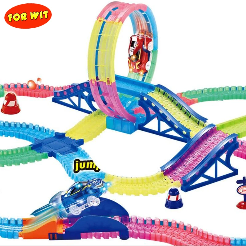 

Two Player Racing Car Rail, Remote Control Glow in the Dark Music Speed Game, 326 Tracks 2 R/C Cars Toy for Child Rainbow Color