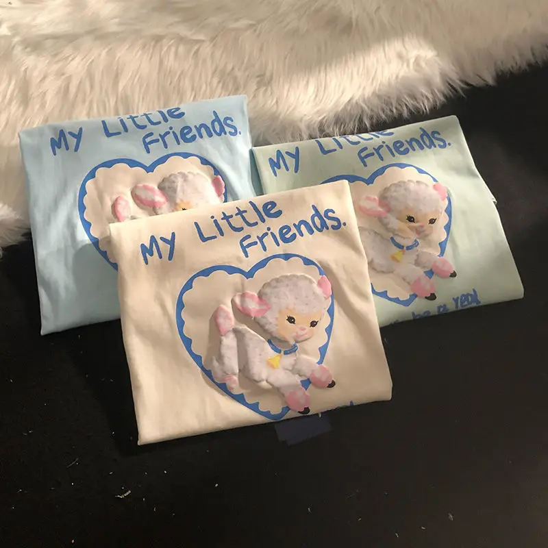 Футболка женская с коротким рукавом свободная простая нежная мультяшным принтом