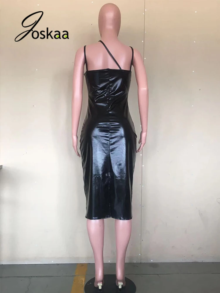 

Joskaa Black PU Leather Midi Dress V Neck Bandage Outwear Sleeveless Outfits Women Summer Clubwear Outfits 2021 Femme Clothes